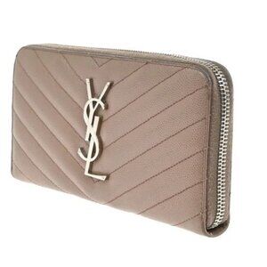 SAINT LAURENT YSL Logo Zipper Around Long Wallet Leather Beige SHW 64KP337
